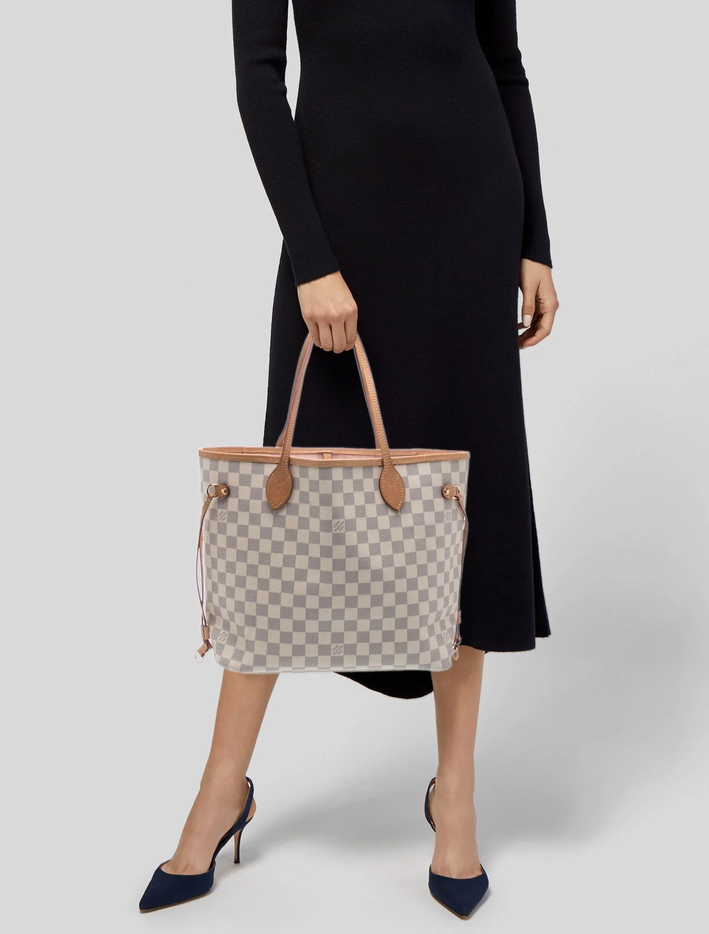 $2240 Louis Vuitton Damier Azur Neo Neverfull MM Rose Ballerine with Pouch