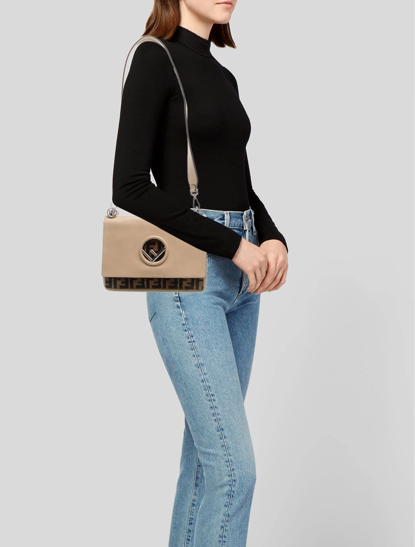 $2890 Fendi Vitello Century F is Fendi Bi-Color FF 1974 Embossed Kan I Shoulder Bag
