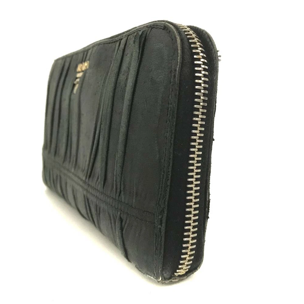 PRADA Logo Gather Leather Zip Around Long Wallet Black