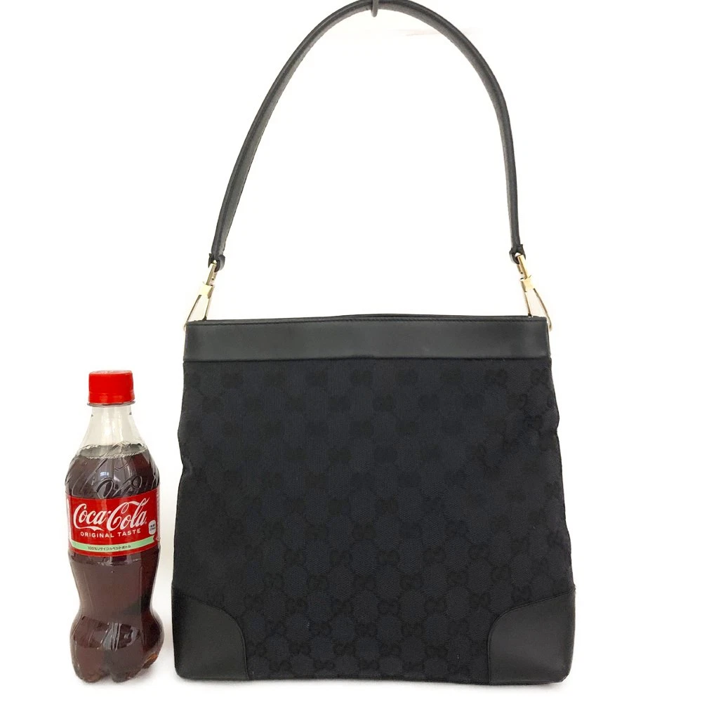 GUCCI GG Logo Canvas Leather Shoulder Tote Bag Black