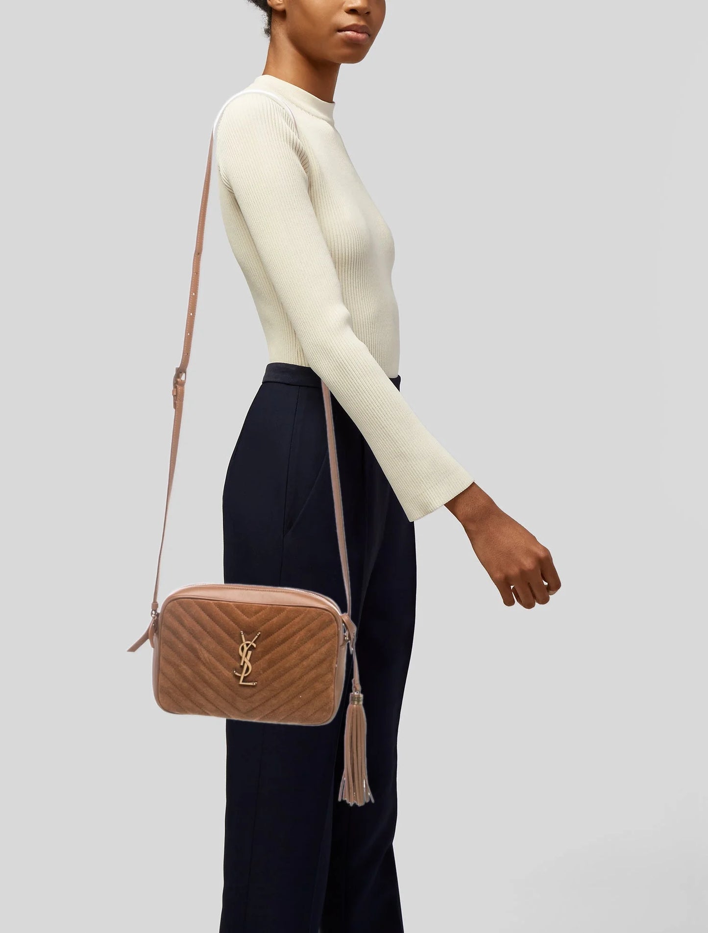 $1690 Saint Laurent Suede Matelasse Monogram Lou Camera Bag Cinnamon
