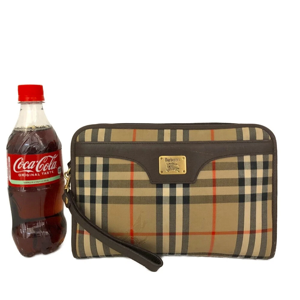 $450 Burberrys Horse Logo Check Canvas Clutch Bag Beige