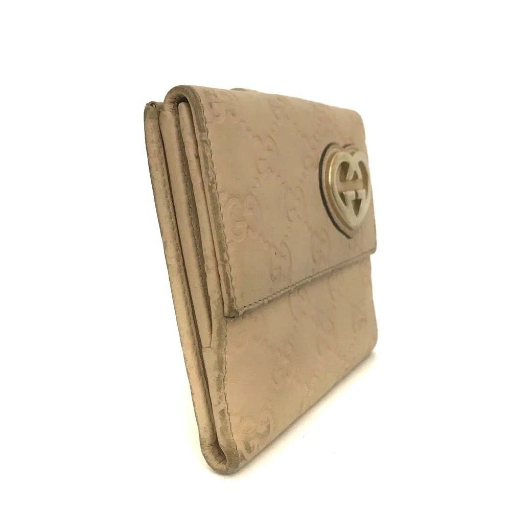 $590 GUCCI Lovely Heart GG Logo Leather Bifold Wallet Beige