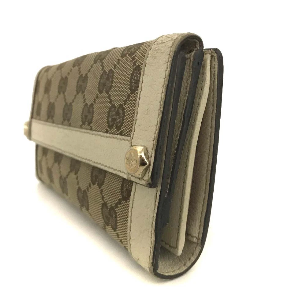 $710 GUCCI GG Logo Canvas Leather Long Bifold Wallet Beige Signature GG