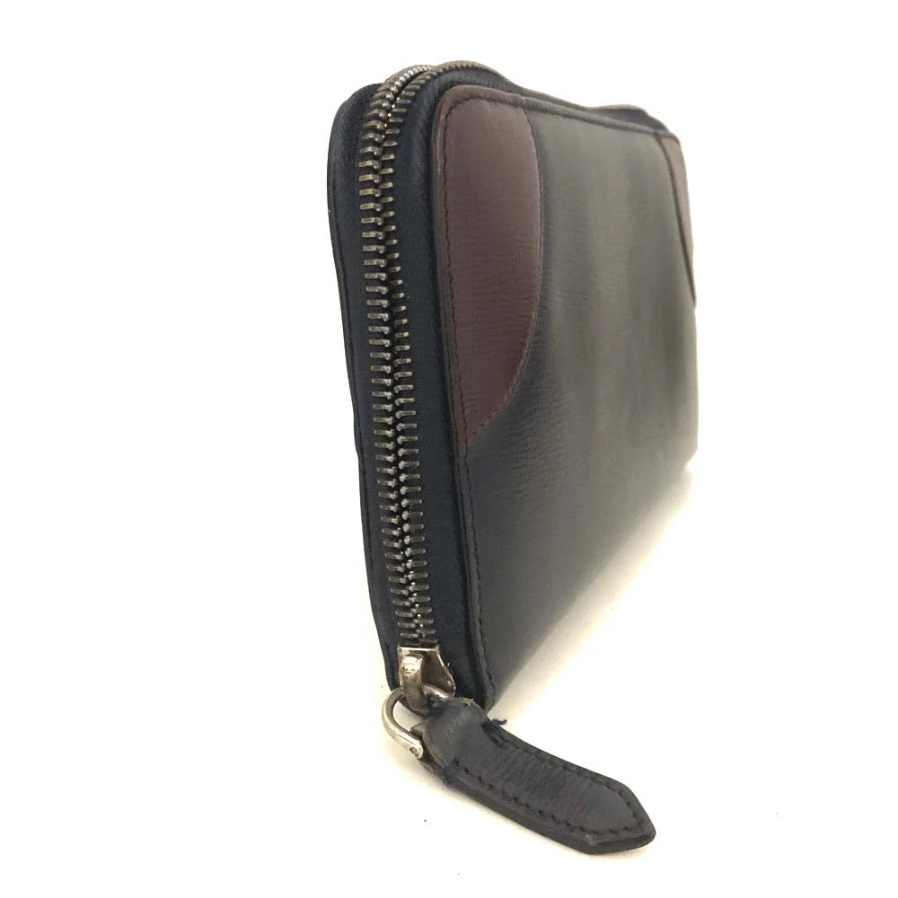 BURBERRY Logo Leather Organizer Zip Around Long Wallet Navy blue