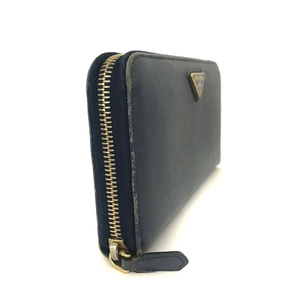 PRADA Logo Plate Saffiano Leather Zip Around Long Wallet Blue/6CG1632
