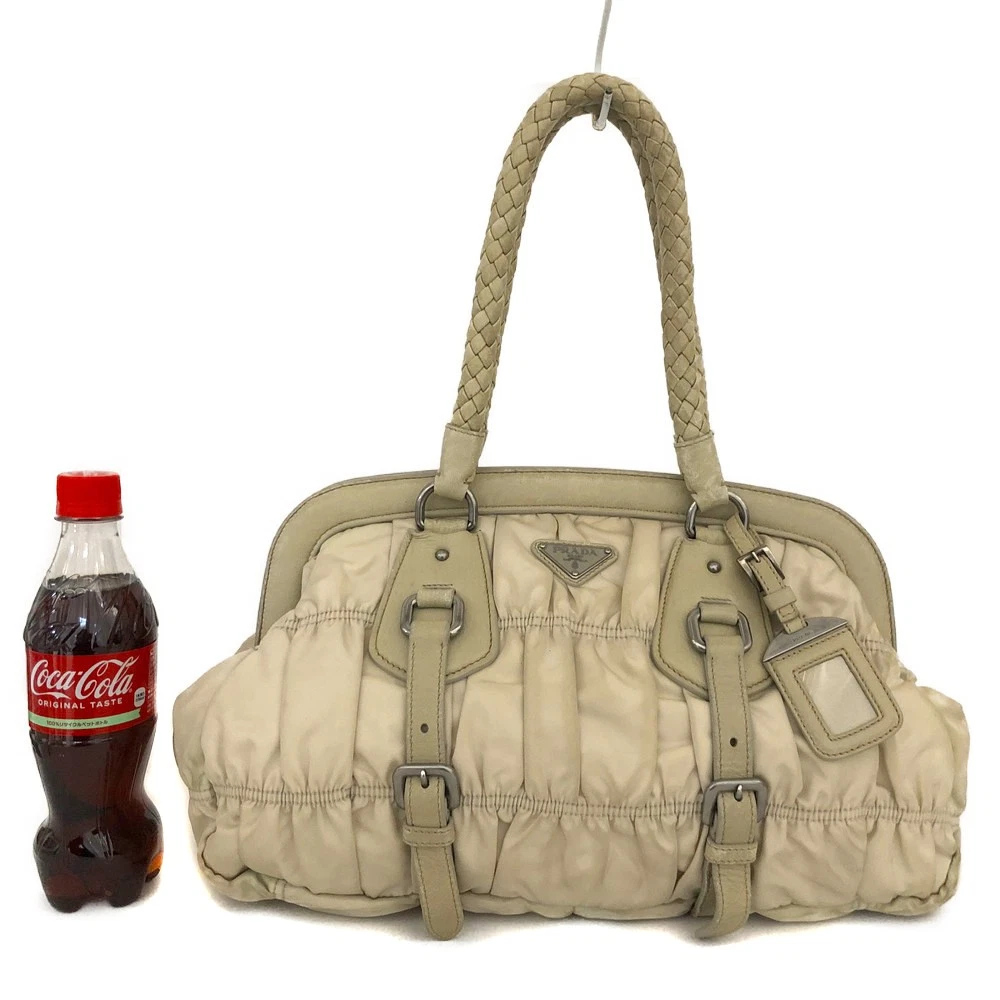 PRADA Logo Plate Nylon Hand Bag Ivory/6CH0844