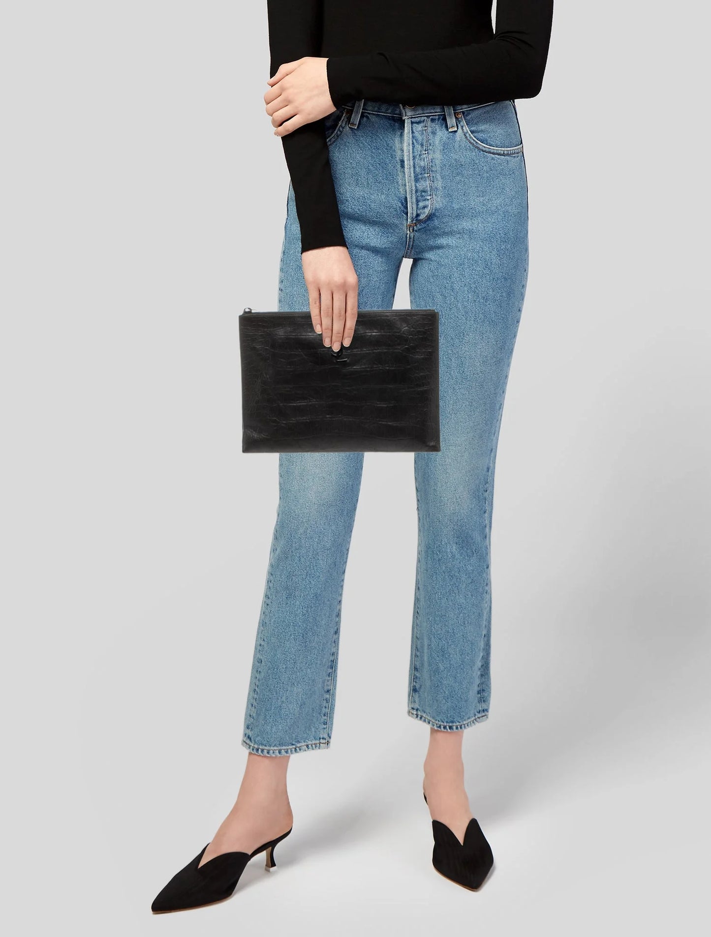 $990 Saint Laurent Croc Monogram Embossed Zip Clutch Black 2018