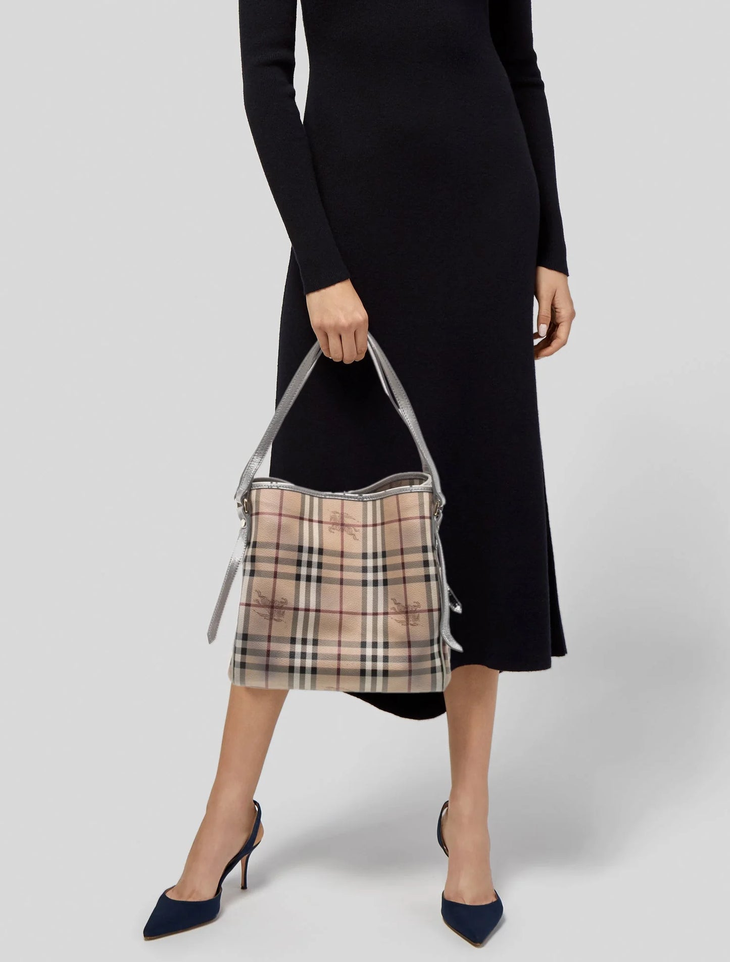 $895 Burberry Haymarket Check Small Canterbury Tote Silver