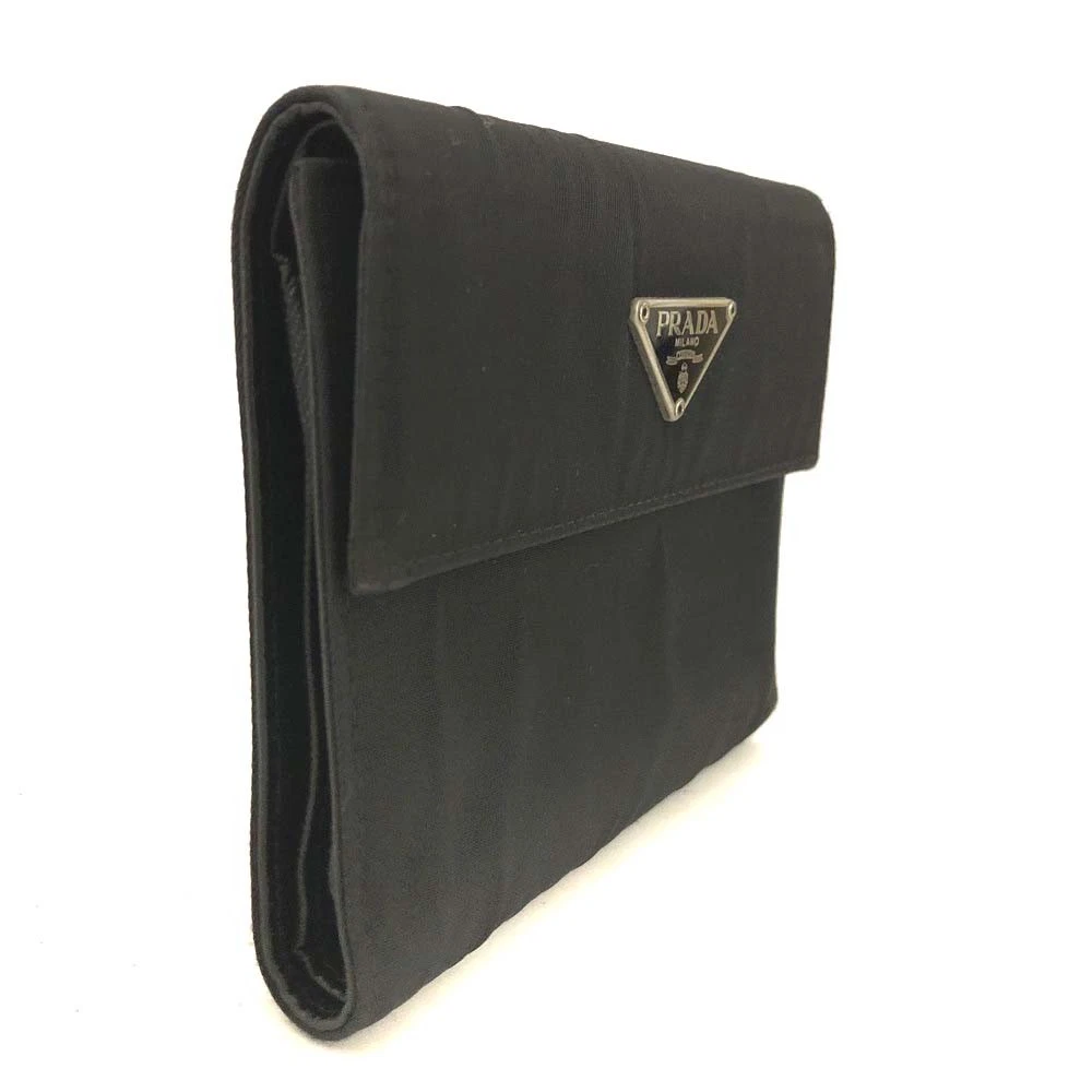PRADA Logo Plate Nylon Trifold Wallet Black/2BH1717