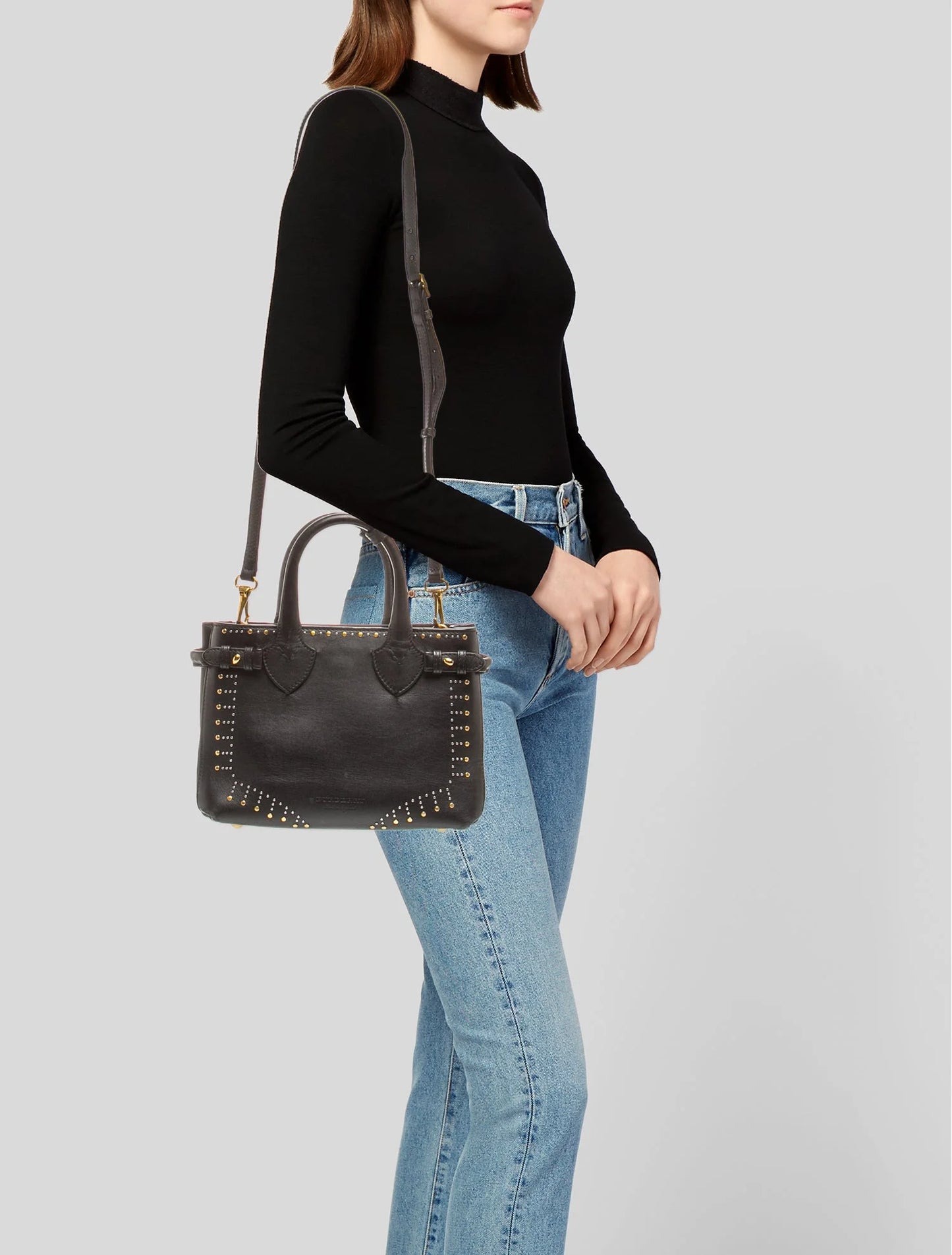 $2650 Burberry Studded Derby Calfskin Small Banner Tote Black