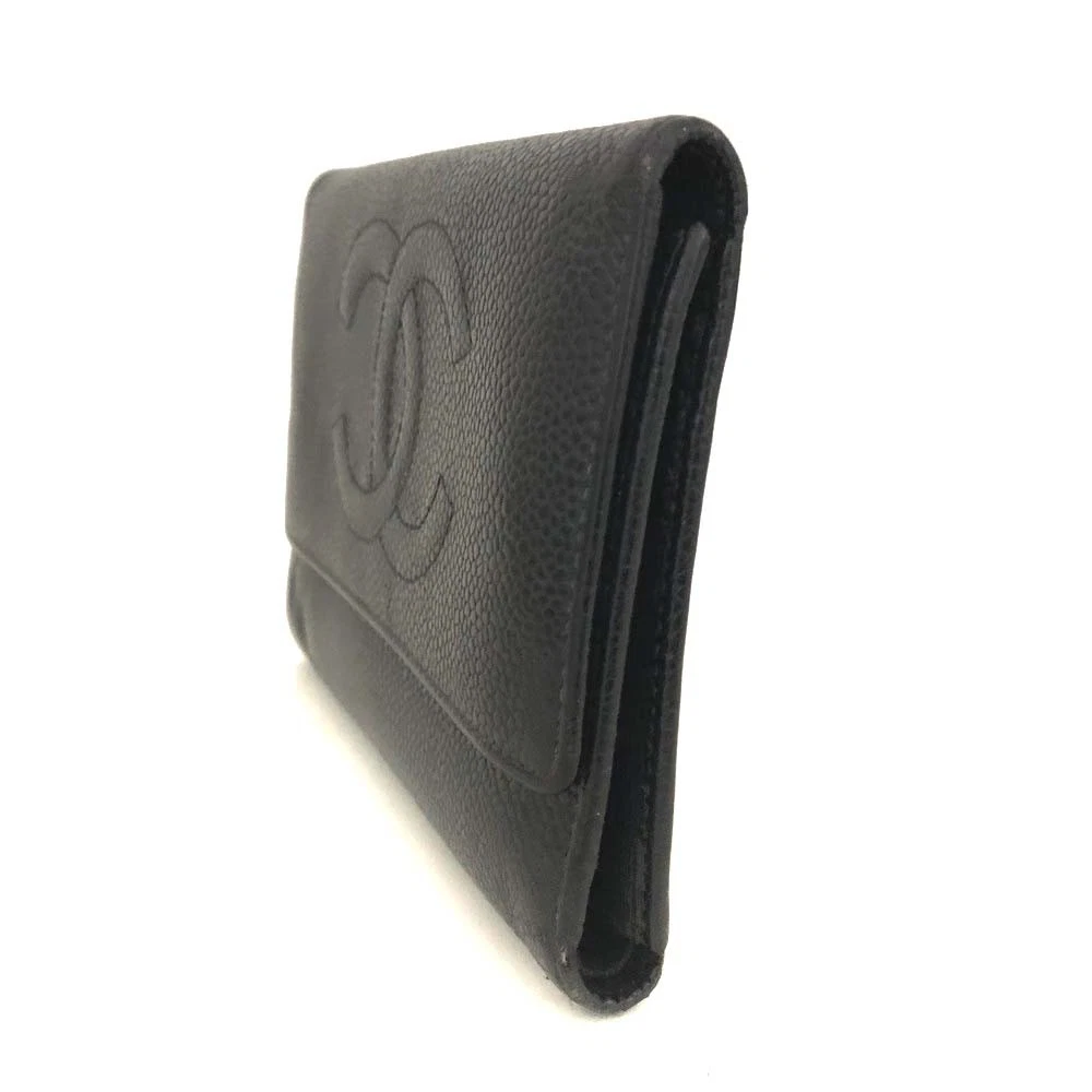 $925 CHANEL CC Logo Grained Calfskin Trifold Wallet Black 6117536
