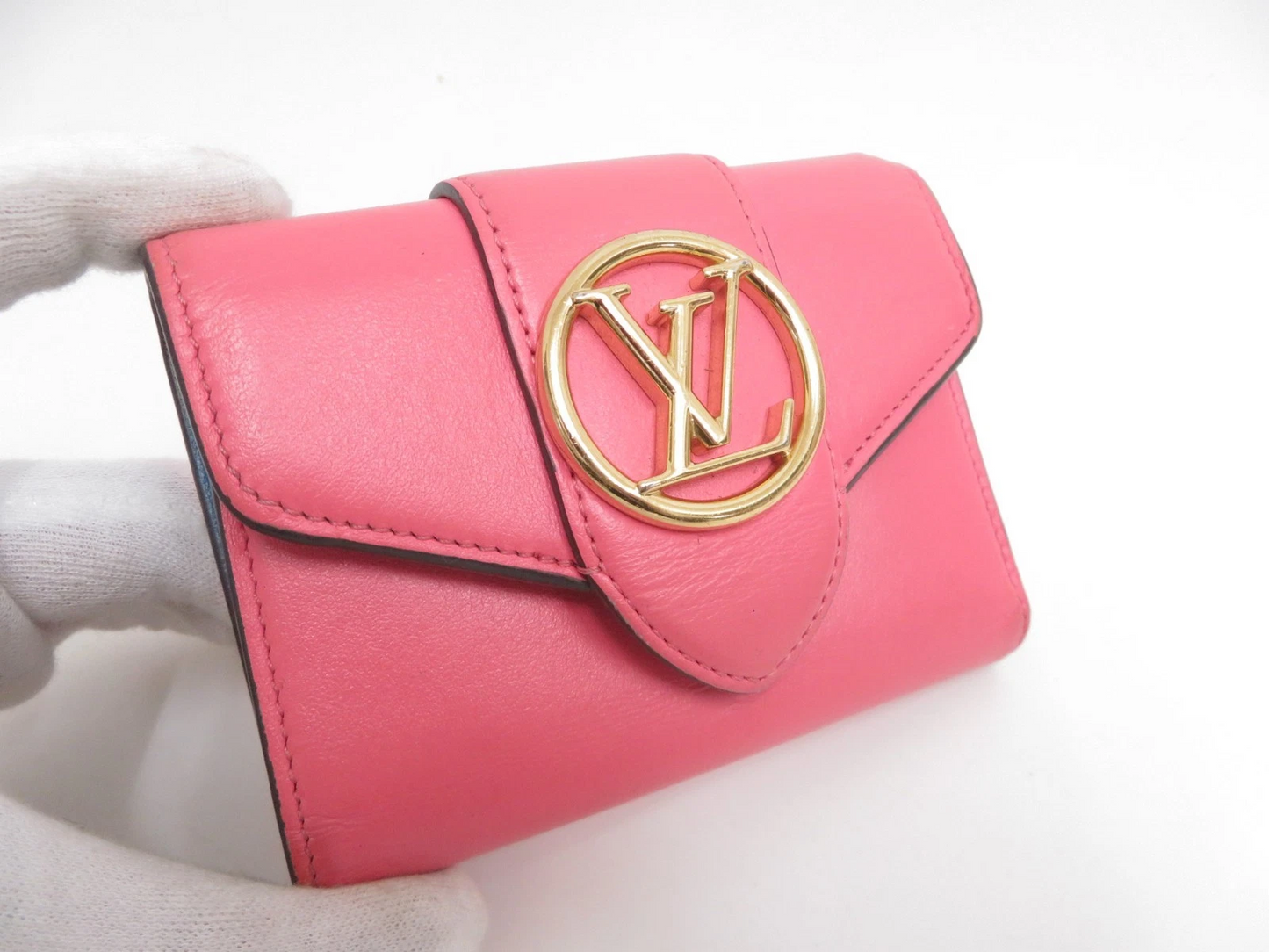 $965 2020 LOUIS VUITTON Smooth Calfskin LV Pont 9 Compact Wallet Pink FH2230