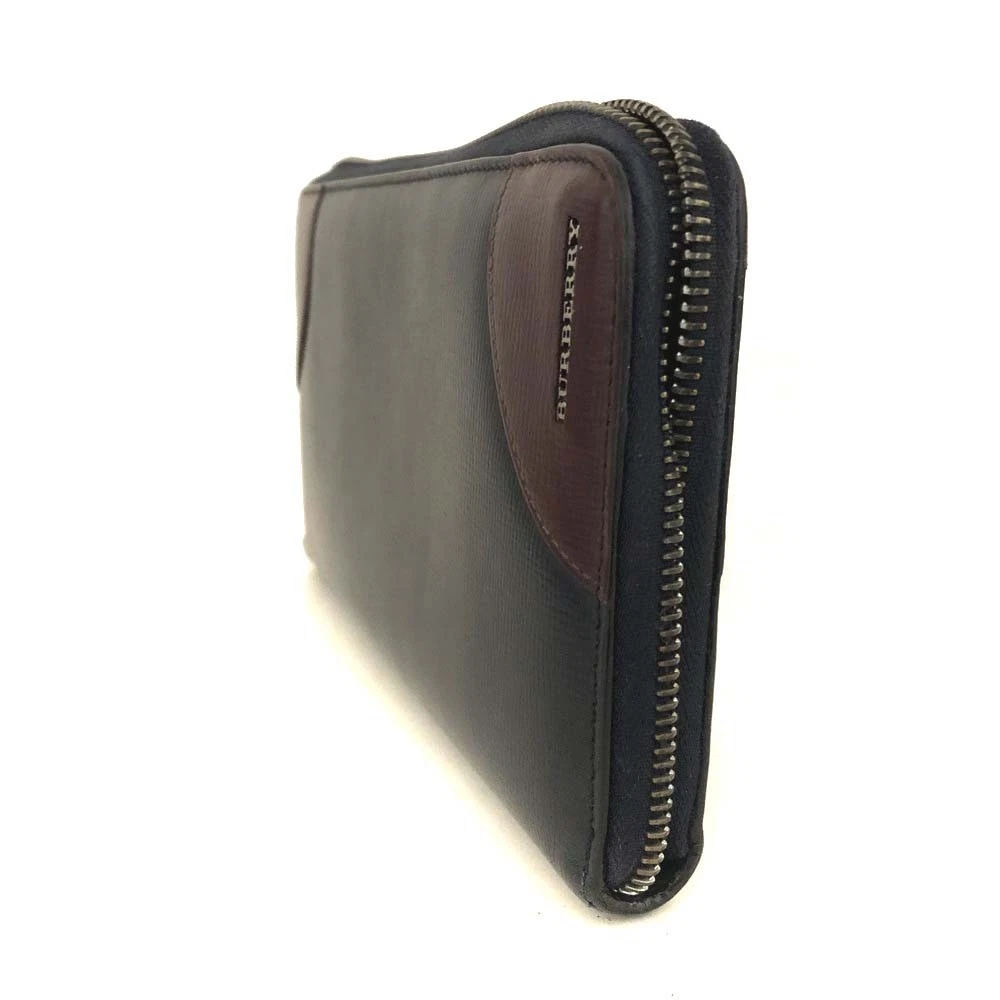 BURBERRY Logo Leather Organizer Zip Around Long Wallet Navy blue