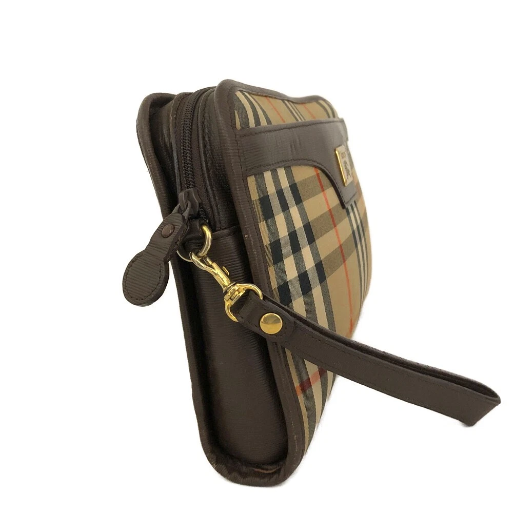 $450 Burberrys Horse Logo Check Canvas Clutch Bag Beige