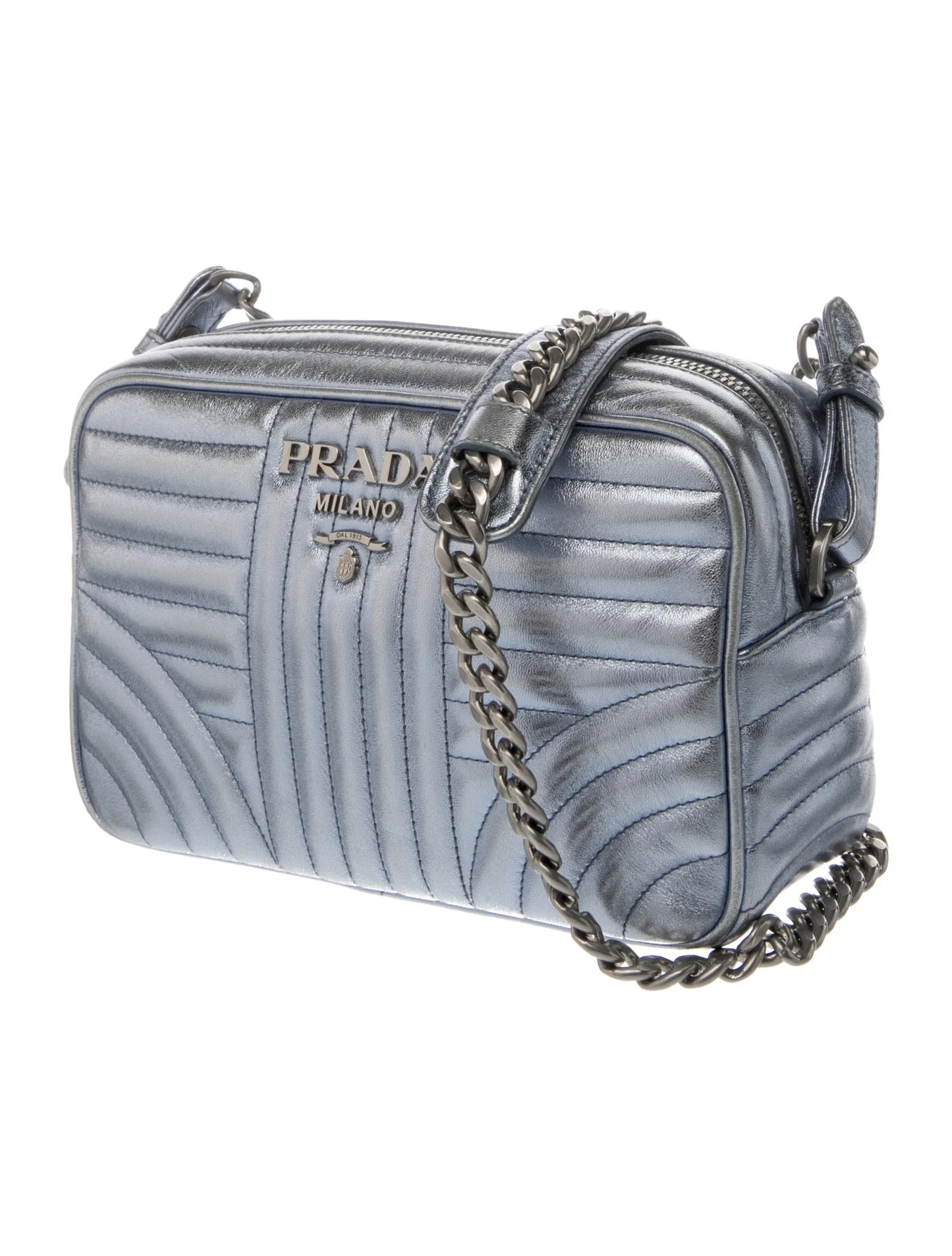 $1690 Prada Soft Calfskin Diagramme Camera Bag Metallic Silver