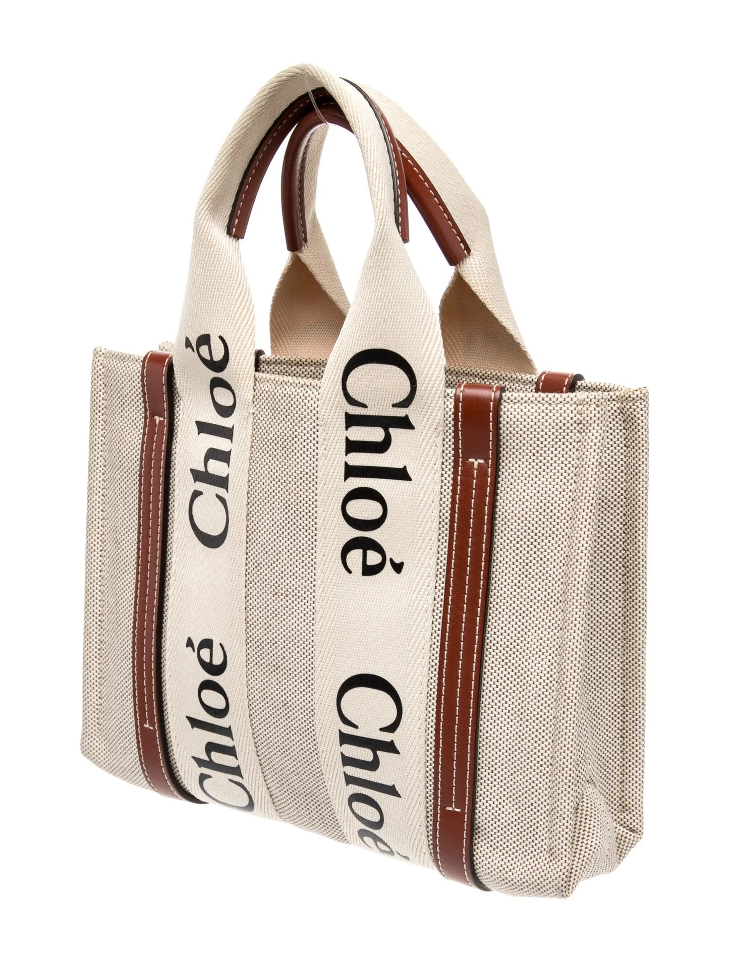 $1350 Chloe Linen Calfskin Small Woody Ribbon Tote White Black