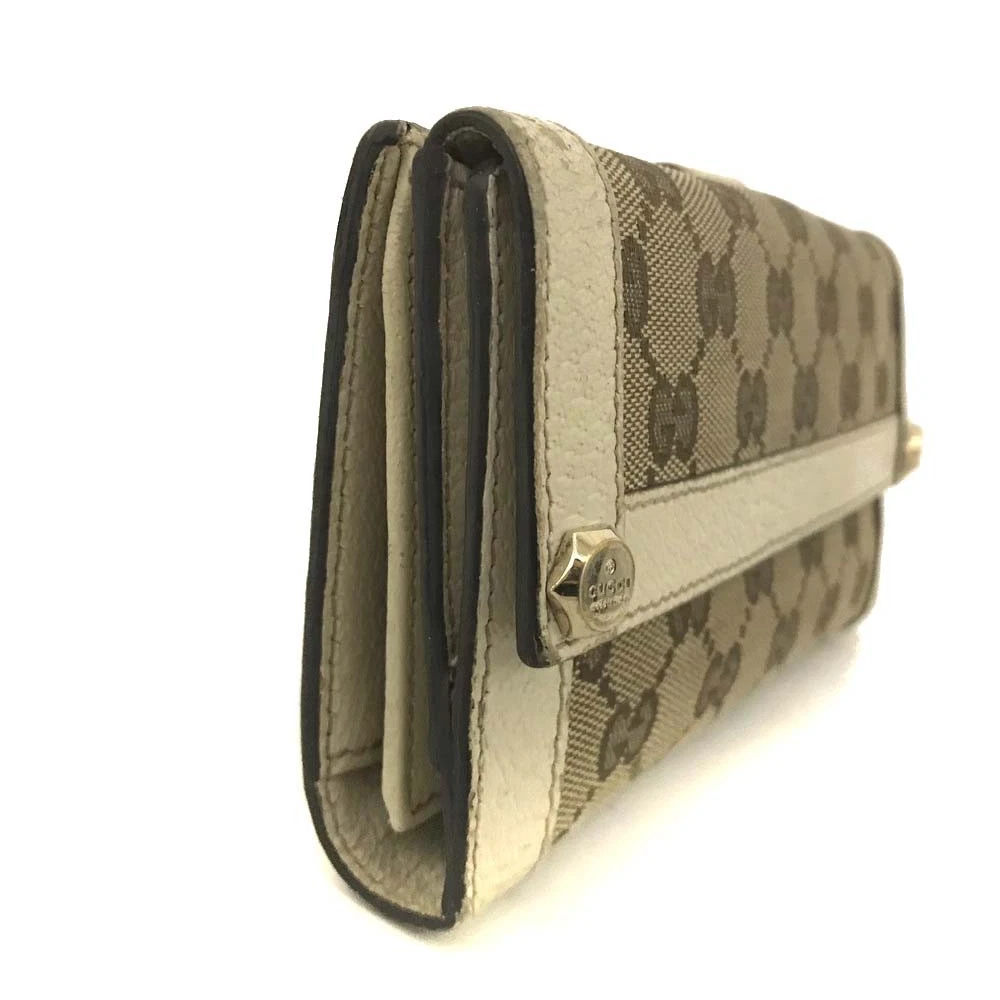 $710 GUCCI GG Logo Canvas Leather Long Bifold Wallet Beige Signature GG