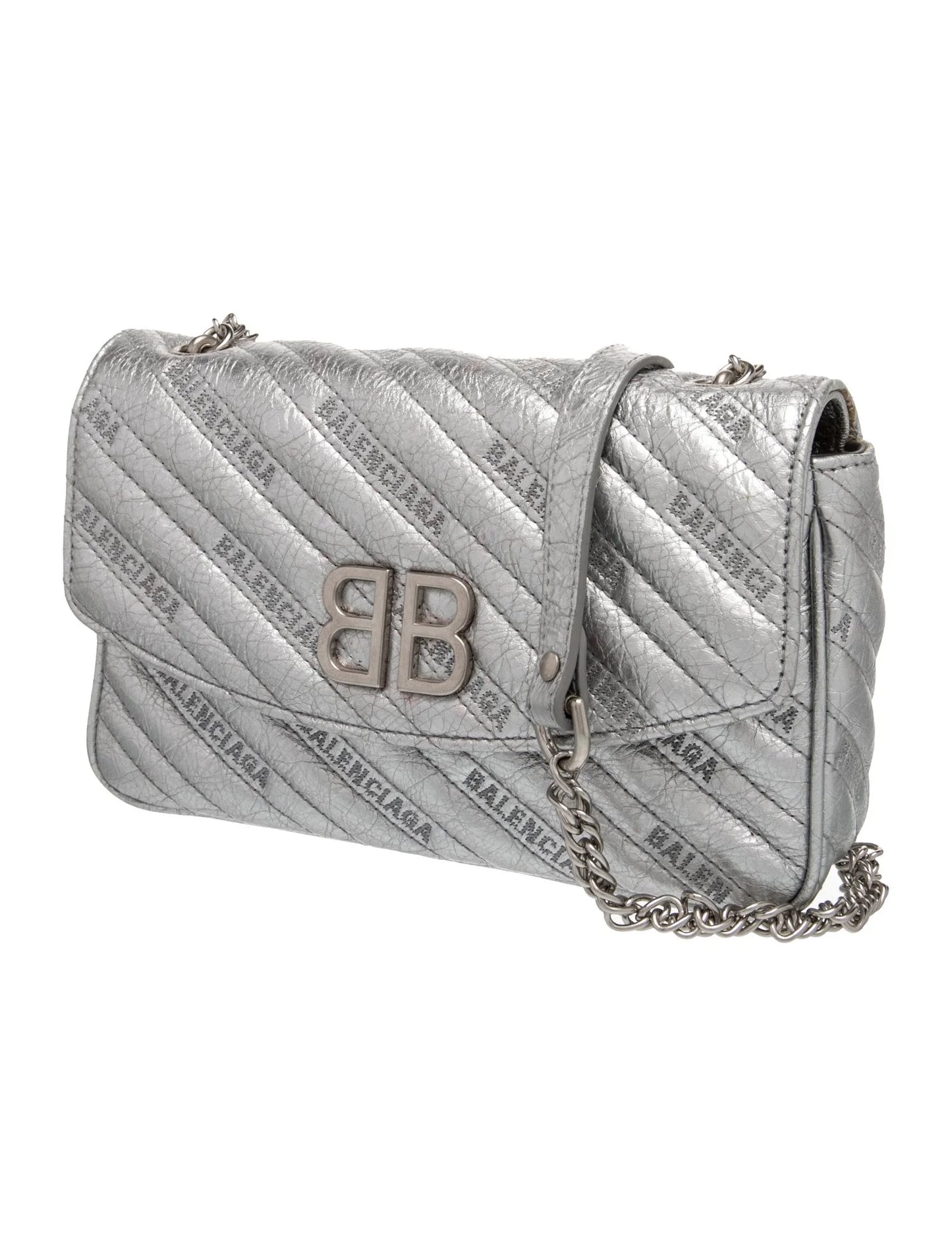 $2250 2018 Balenciaga Metallic Arena Calfskin Logo Matelasse S BB Round Shoulder Bag Argent