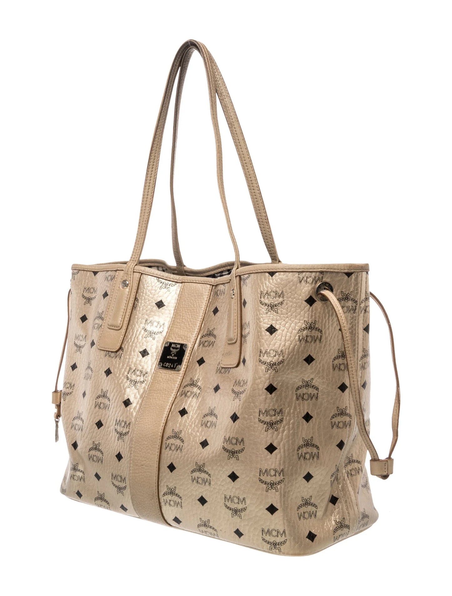 $950 MCM Metallic Visetos Medium Liz Reversible Shopper Tote Gold
