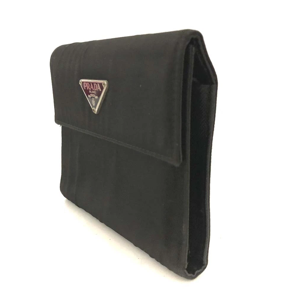 PRADA Logo Plate Nylon Trifold Wallet Black/2BH1717
