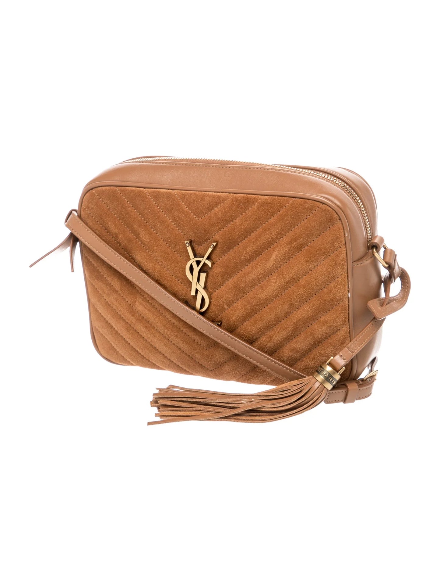 $1690 Saint Laurent Suede Matelasse Monogram Lou Camera Bag Cinnamon
