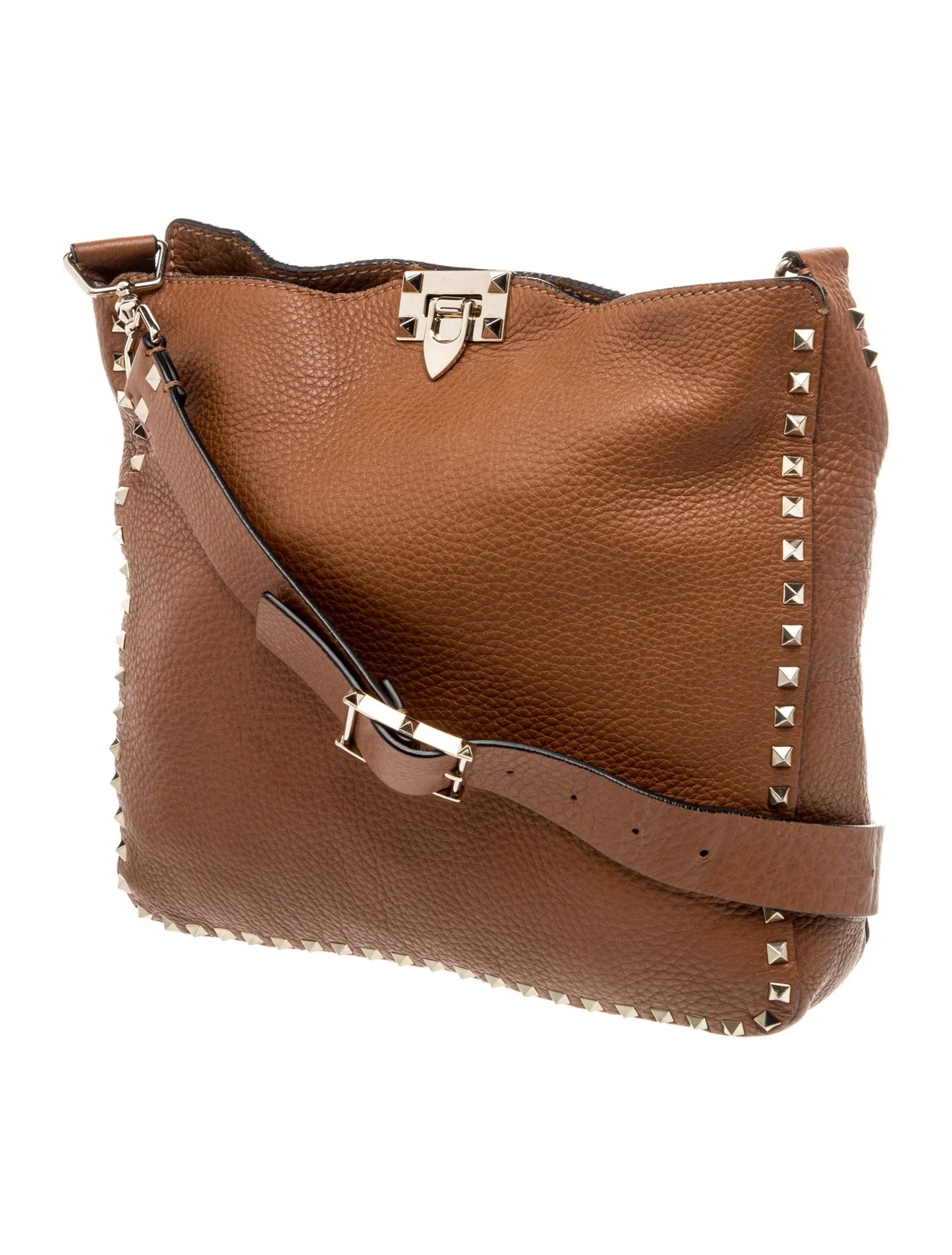 $2275 Valentino Pebbled Calfskin Small Rockstud Flip-Lock Messenger Bag Brown