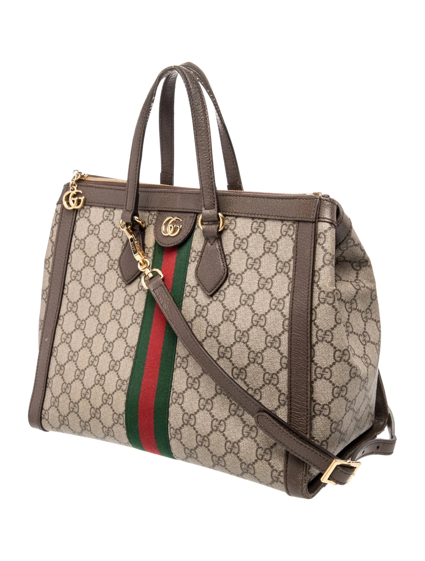 $2390 Gucci GG Supreme Monogram Web Medium Ophidia Tote Bag Brown