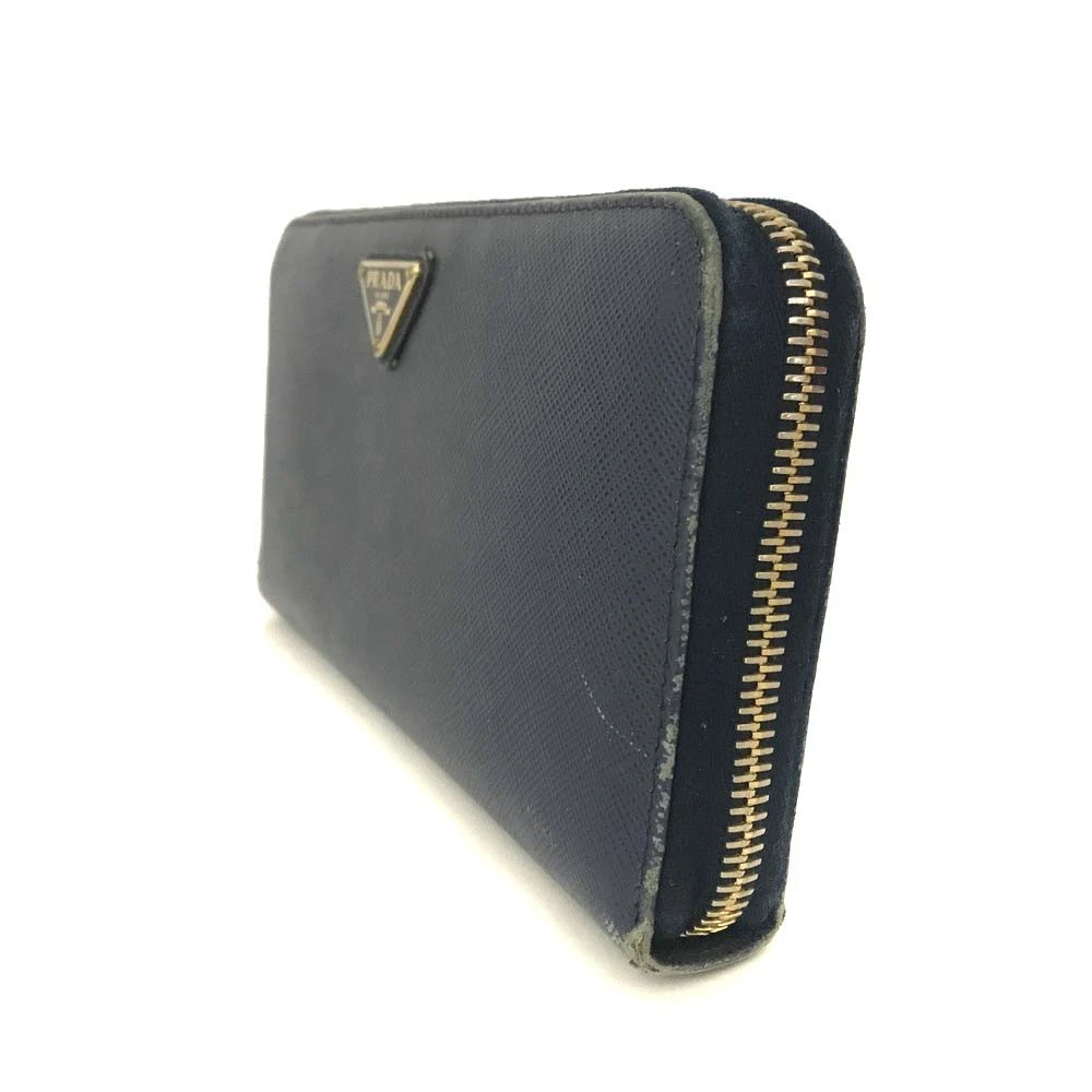 PRADA Logo Plate Saffiano Leather Zip Around Long Wallet Blue/6CG1632