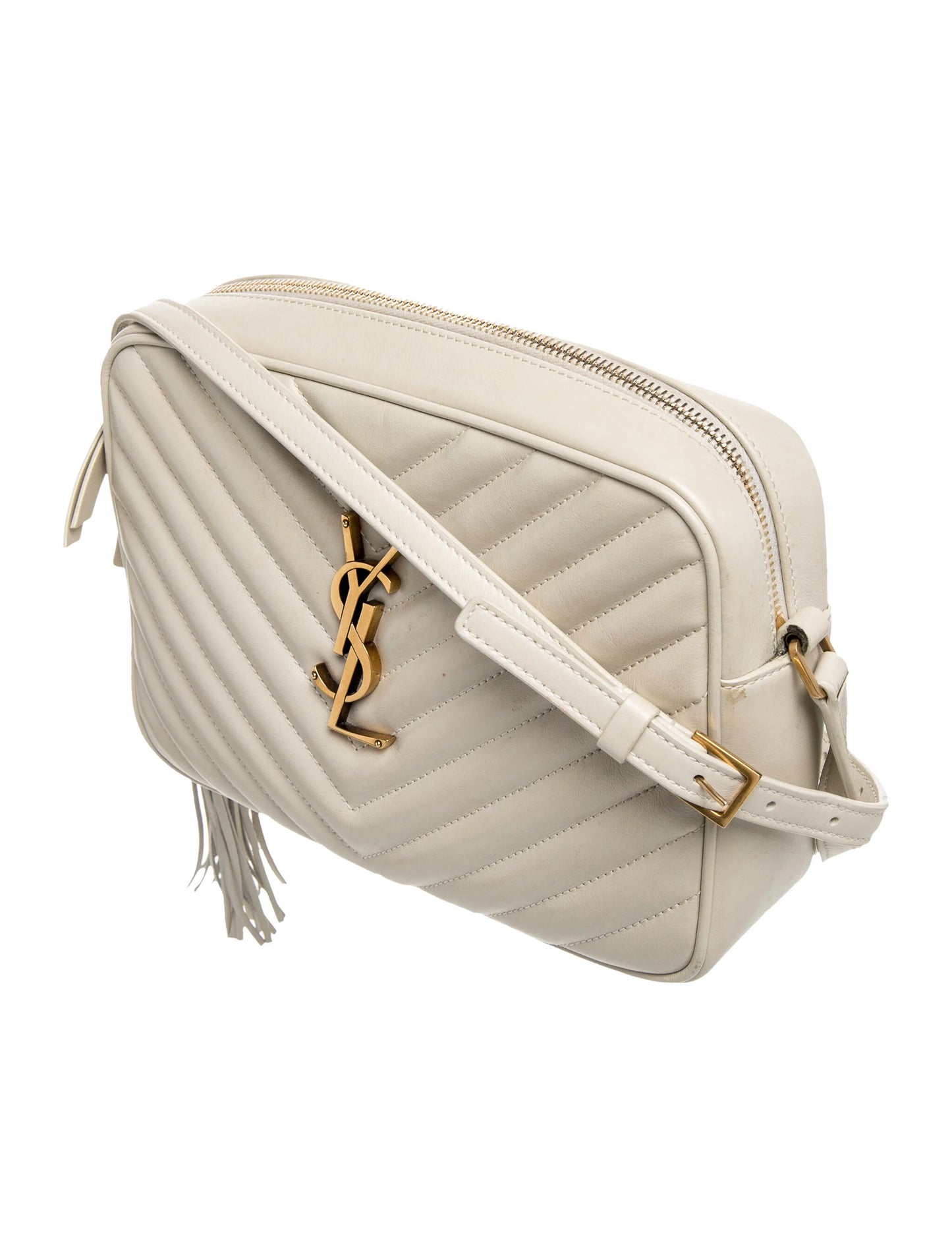 $1950 Saint Laurent Calfskin Matelasse Monogram Lou Camera Bag Crema Soft