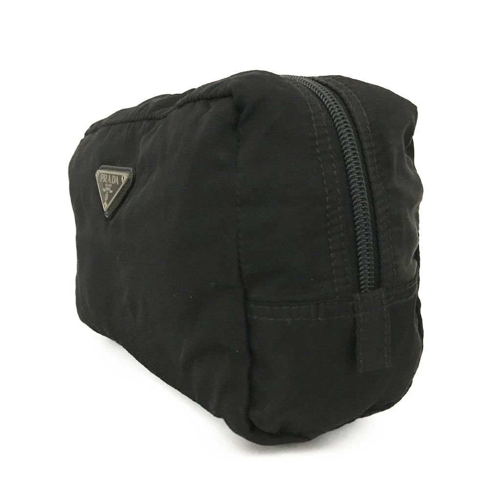PRADA Logo Plate Nylon Cosmetic Pouch Bag Black
