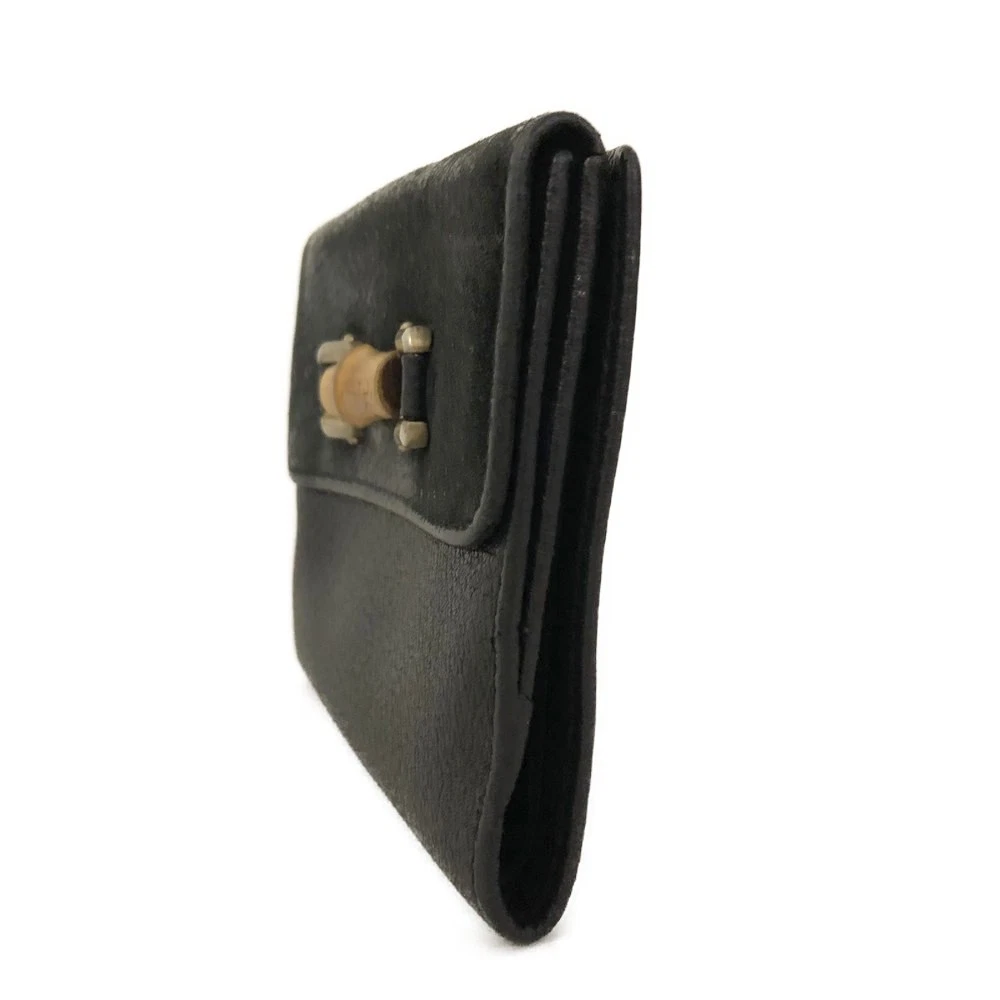 GUCCI Bamboo Leather Bifold Wallet Purse Black