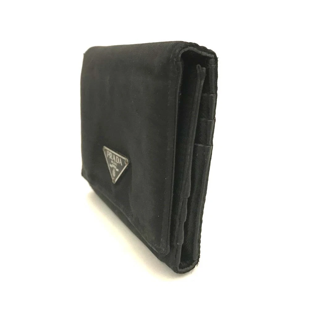 PRADA Logo Plate Nylon Trifold Wallet Black