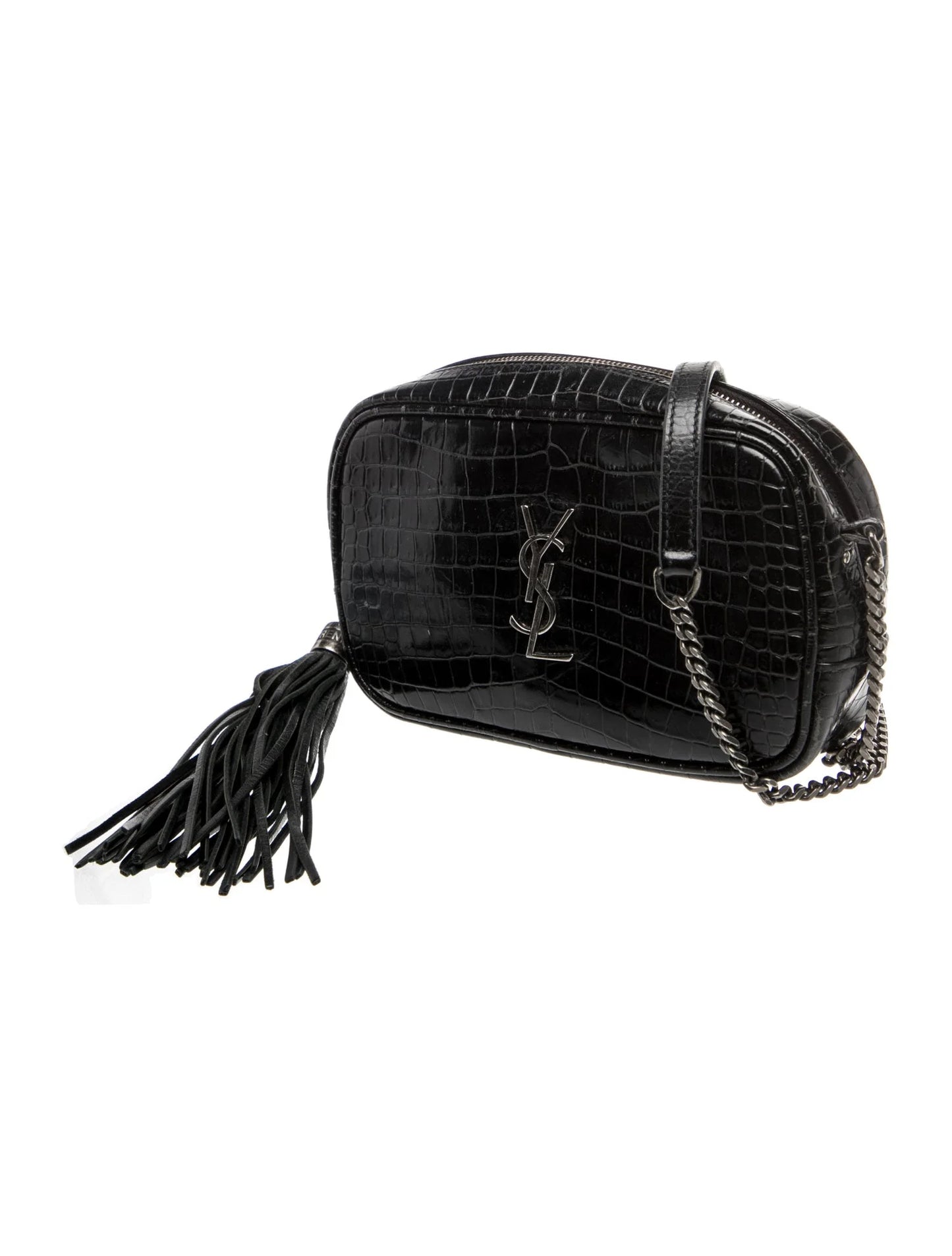 $1800 2019 Saint Laurent Calfskin Crocodile Embossed Monogram Mini Lou Camera Bag Black