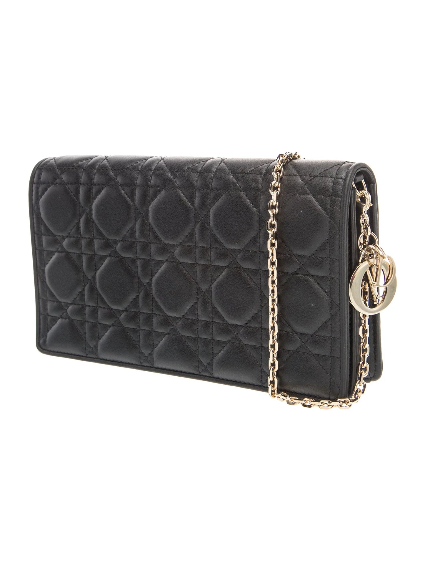 $2500 Christian Dior Lambskin Cannage Lady Dior Chain Wallet Black