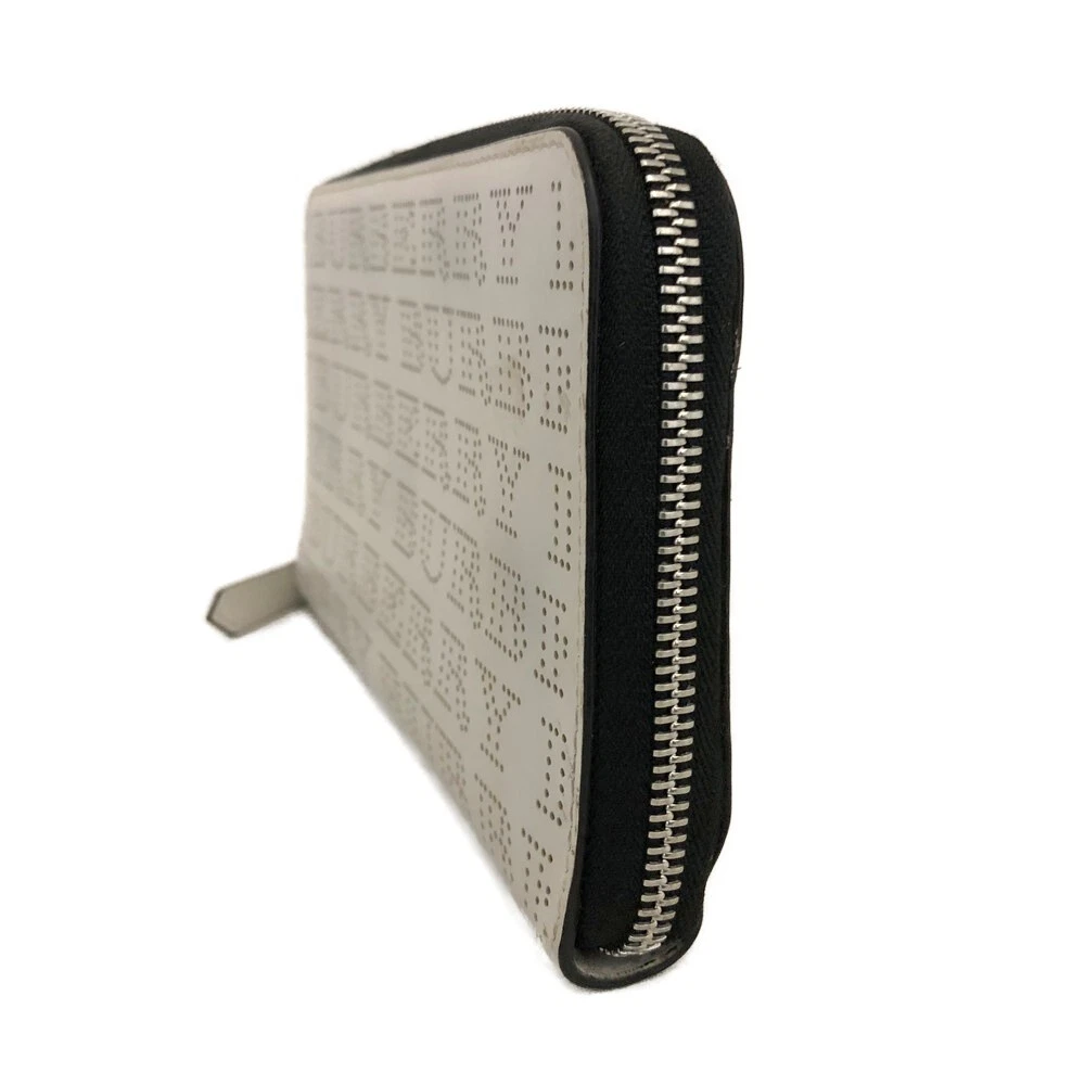 $598 BURBERRY Logo Perforated Leather Zip Around Long Wallet White