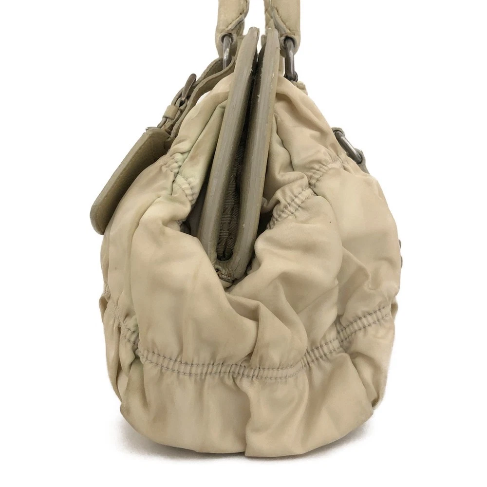 PRADA Logo Plate Nylon Hand Bag Ivory/6CH0844