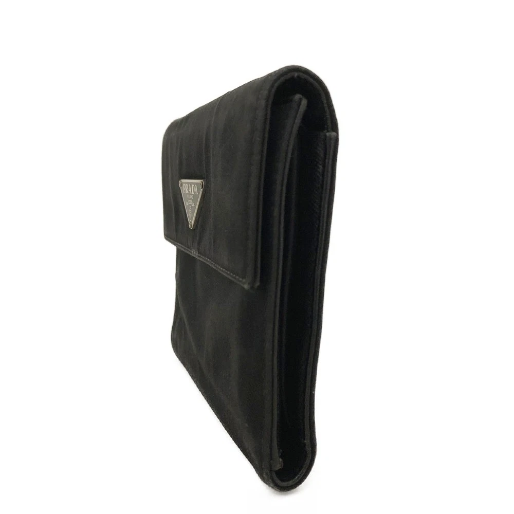 $775 PRADA Tessuto Nylon Logo Plate Trifold Wallet Black