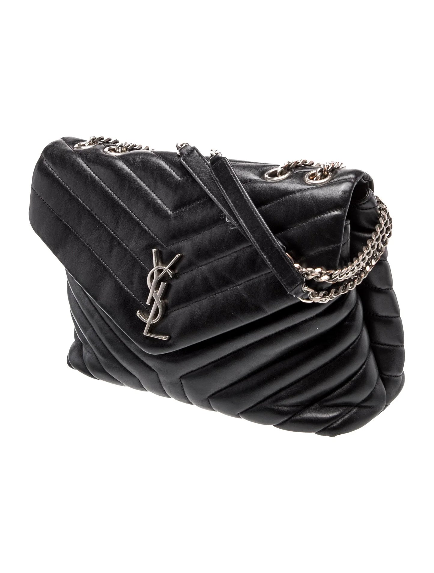 $3250 Saint Laurent Quilted Monogram Medium Loulou Chain Satchel Black