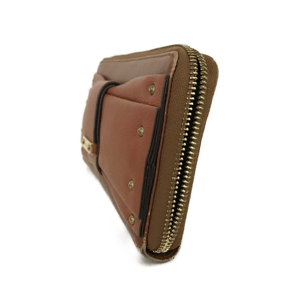 $690 CHLOE Ribbon Leather Zip Around Long Wallet Brown