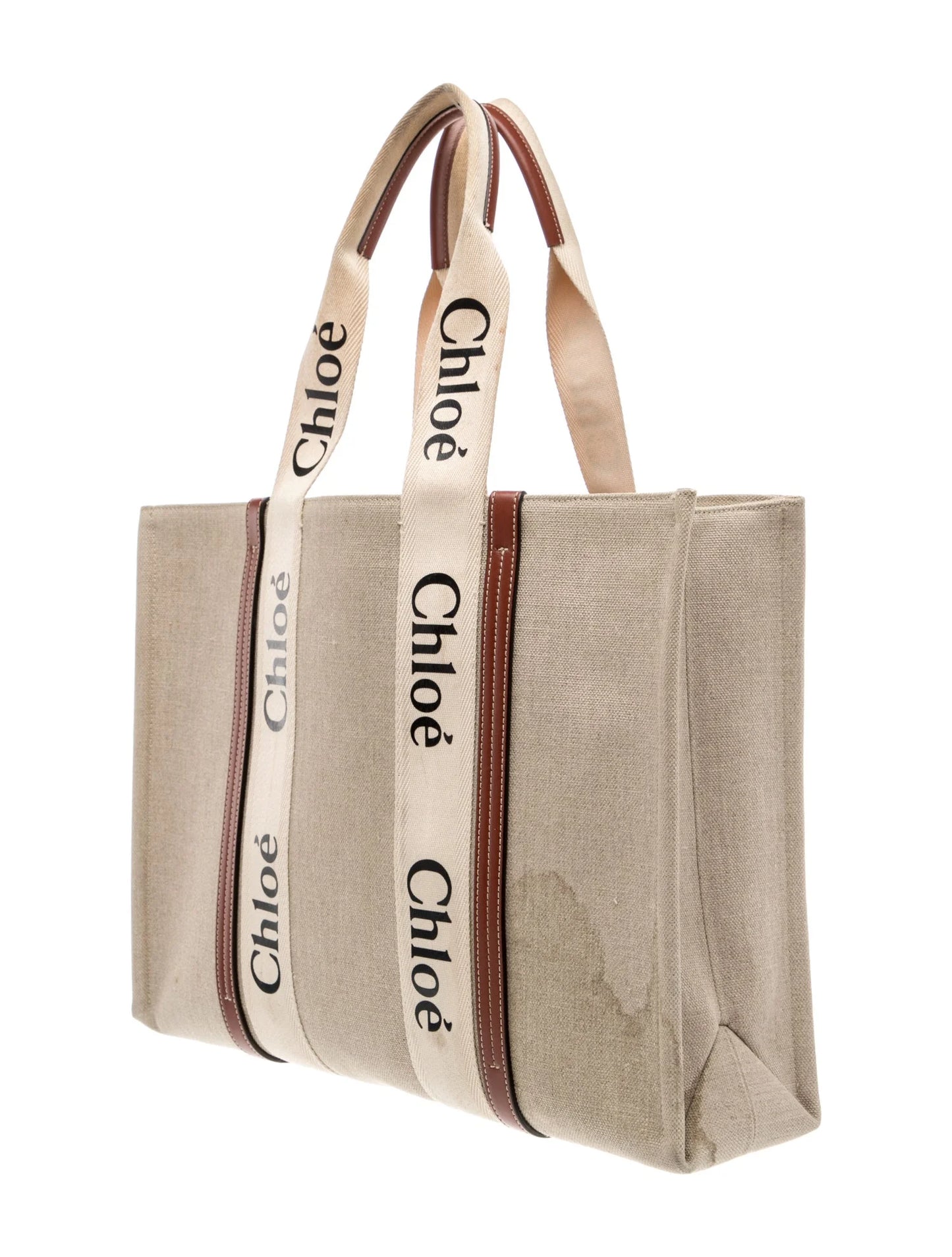$1650 Chloe Cotton Calfskin Large Woody Ribbon Tote White Brown
