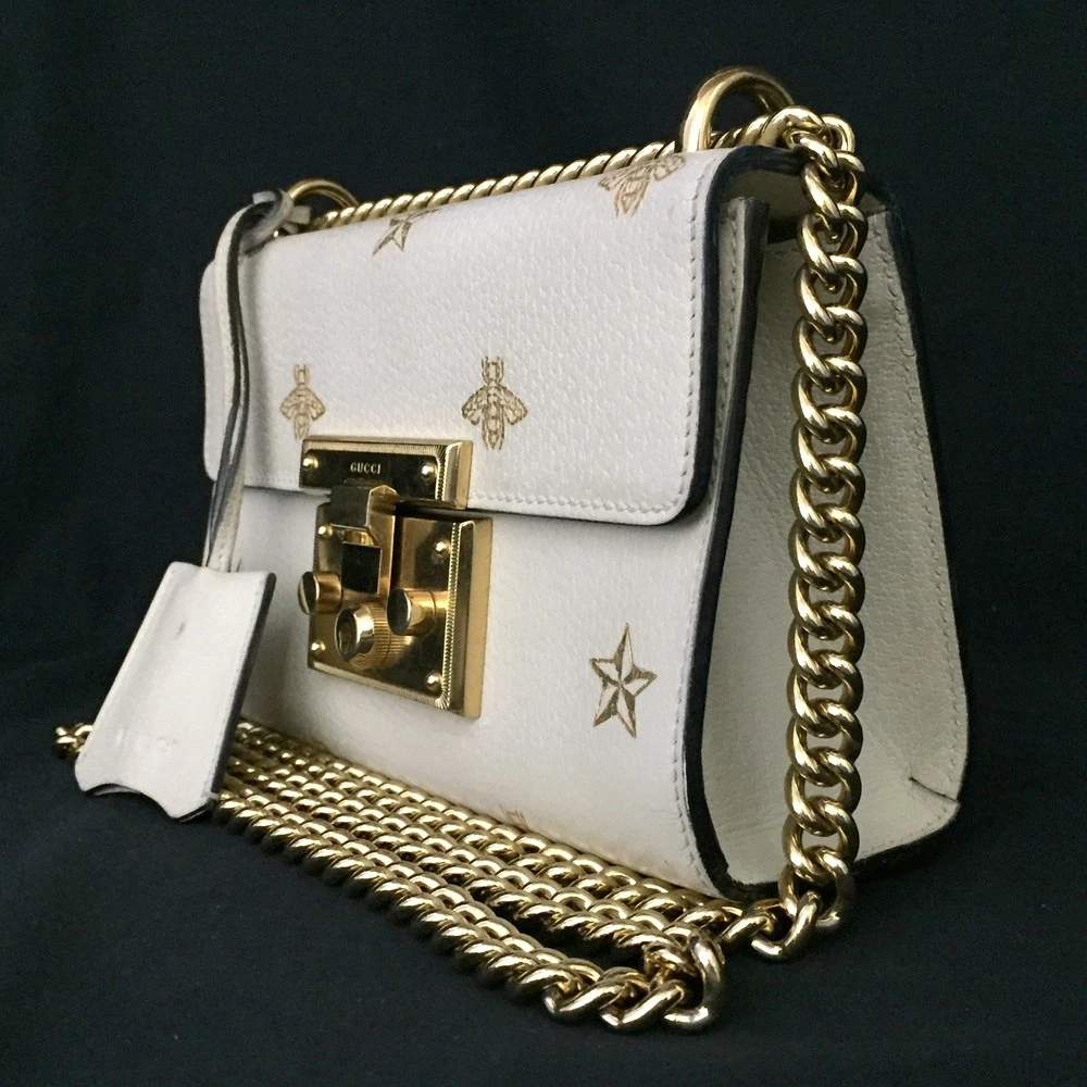 $1980 Gucci Grained Calfskin Bee Star Small Padlock Shoulder Bag White