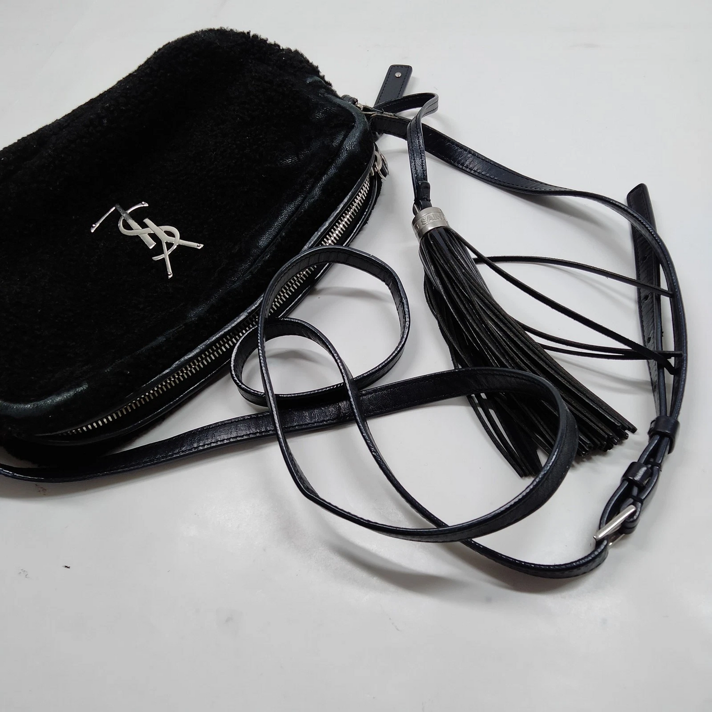 $1690 Saint Laurent Mini Lou Camera Bag Monogram Shearling Black