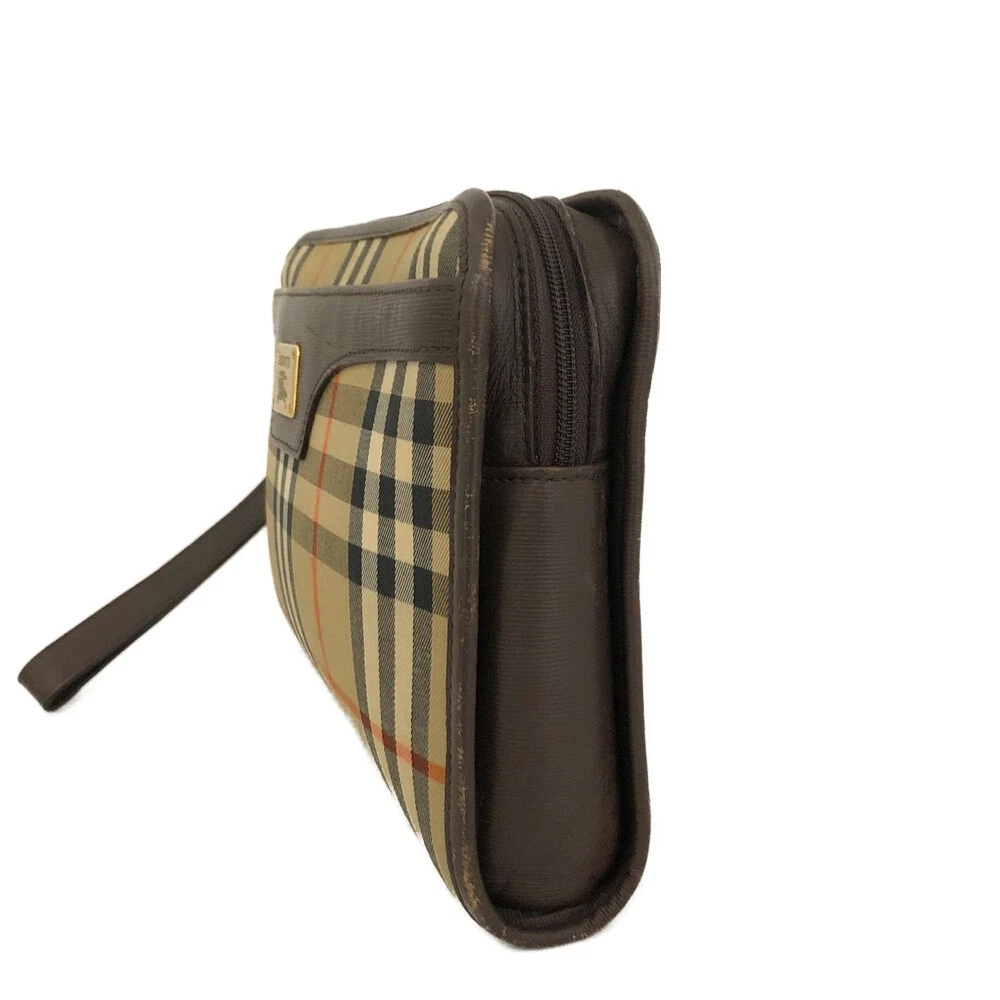 $450 Burberrys Horse Logo Check Canvas Clutch Bag Beige