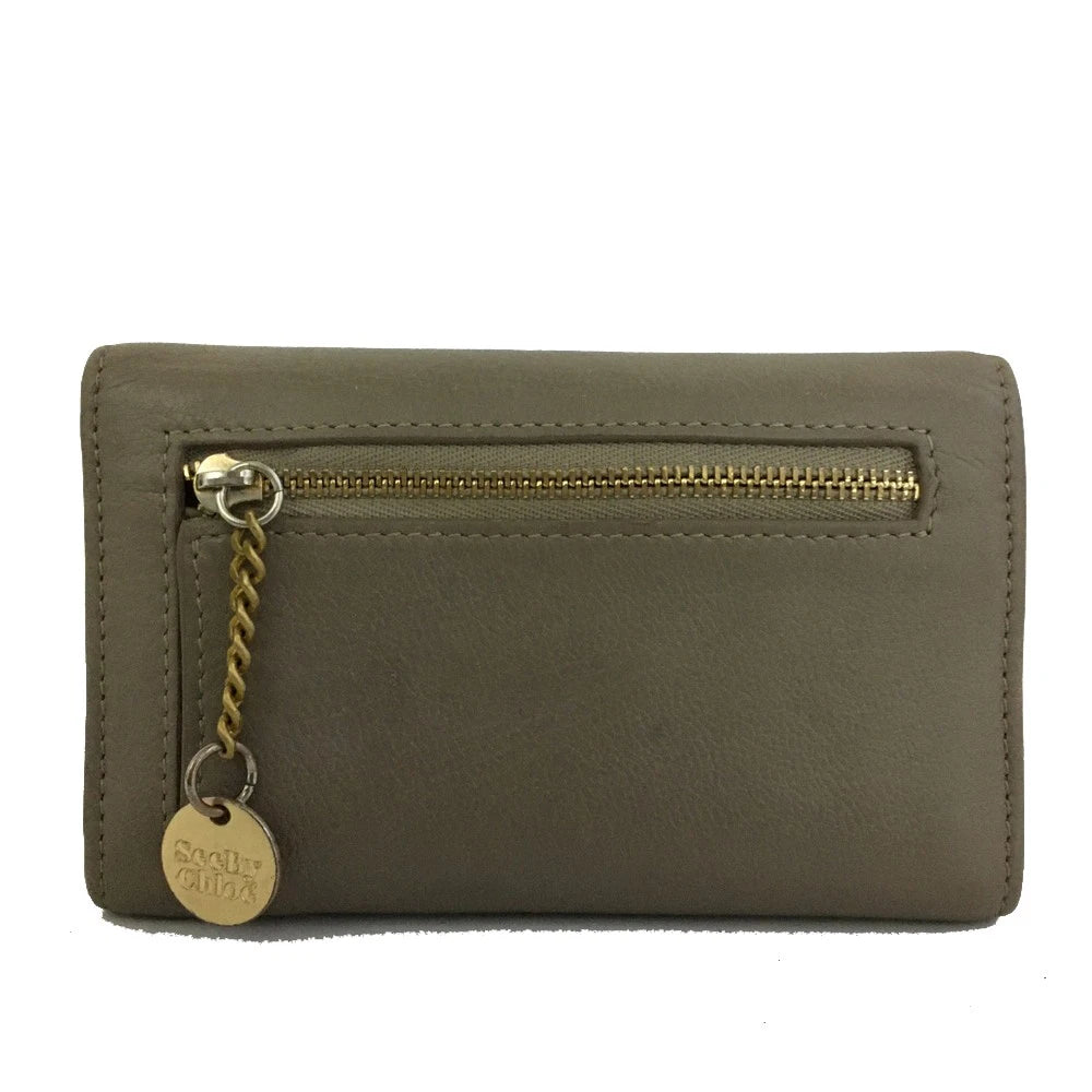 $225 See By Chloe Logo Leather Trifold Wallet Purse Gray Clutch
