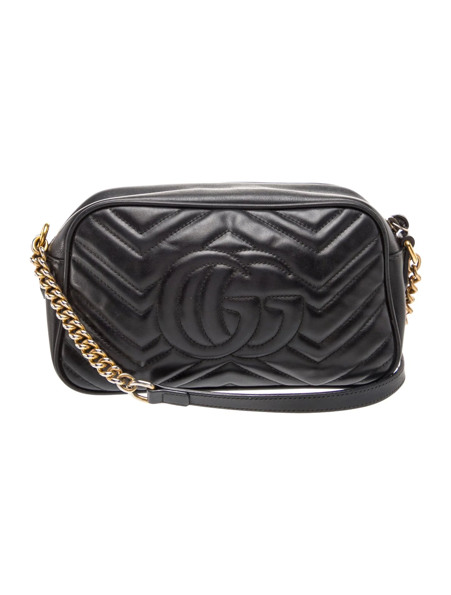$1950 Gucci Calfskin Matelasse Small GG Marmont Chain Shoulder Bag Black