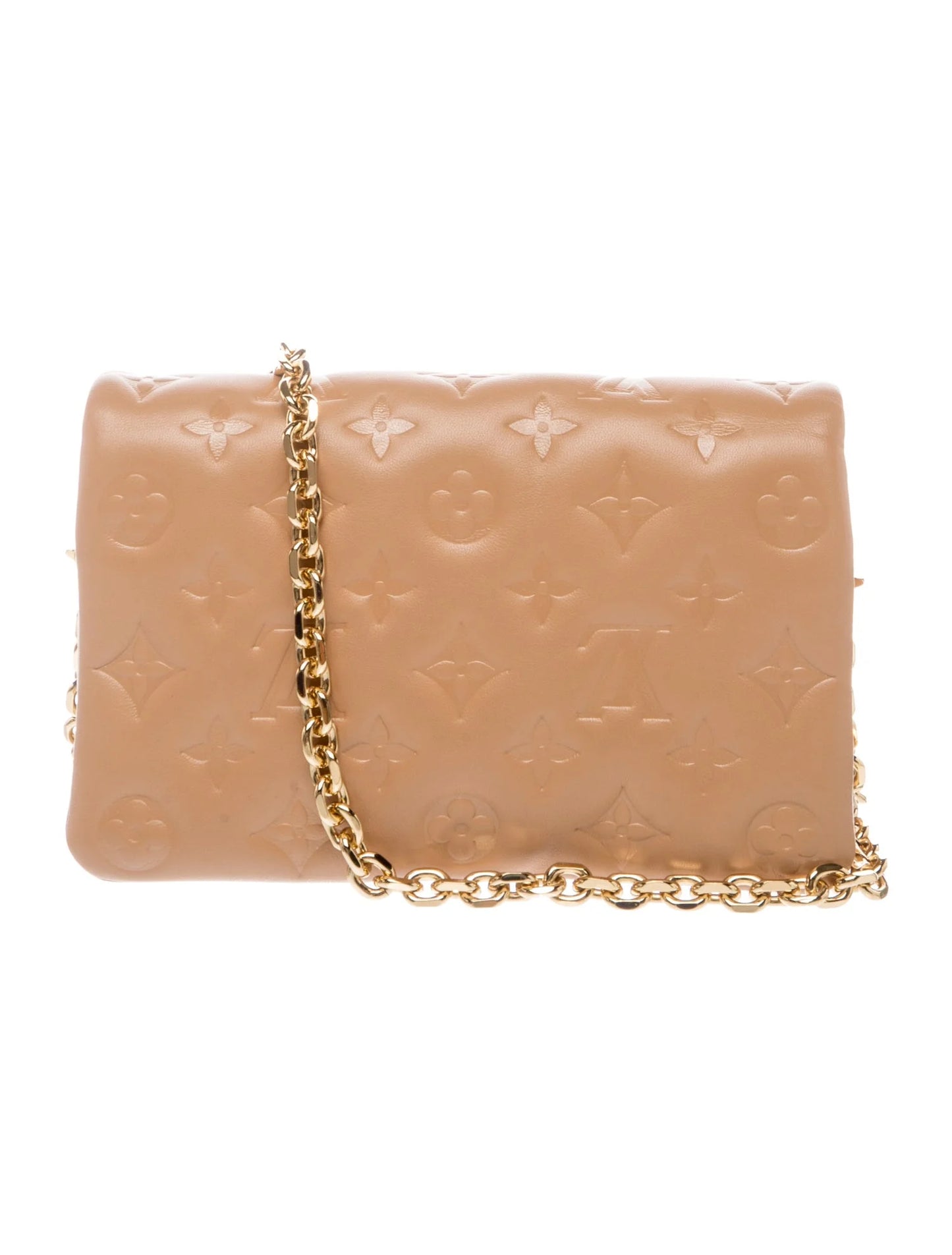 $3150 Louis Vuitton Lambskin Embossed Monogram Pochette Coussin Camel