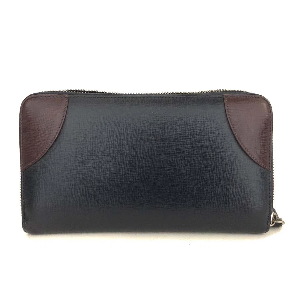 BURBERRY Logo Leather Organizer Zip Around Long Wallet Navy blue
