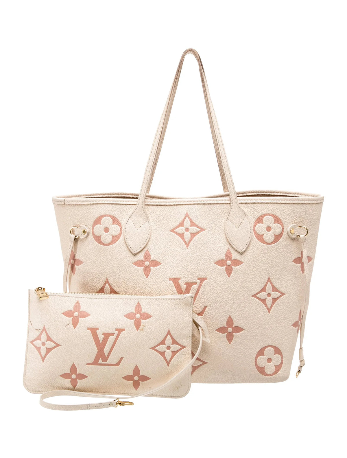 $2850 2021 Louis Vuitton Empreinte Monogram Giant Neverfull MM Creme Rose Trianon with Pouch 10021296