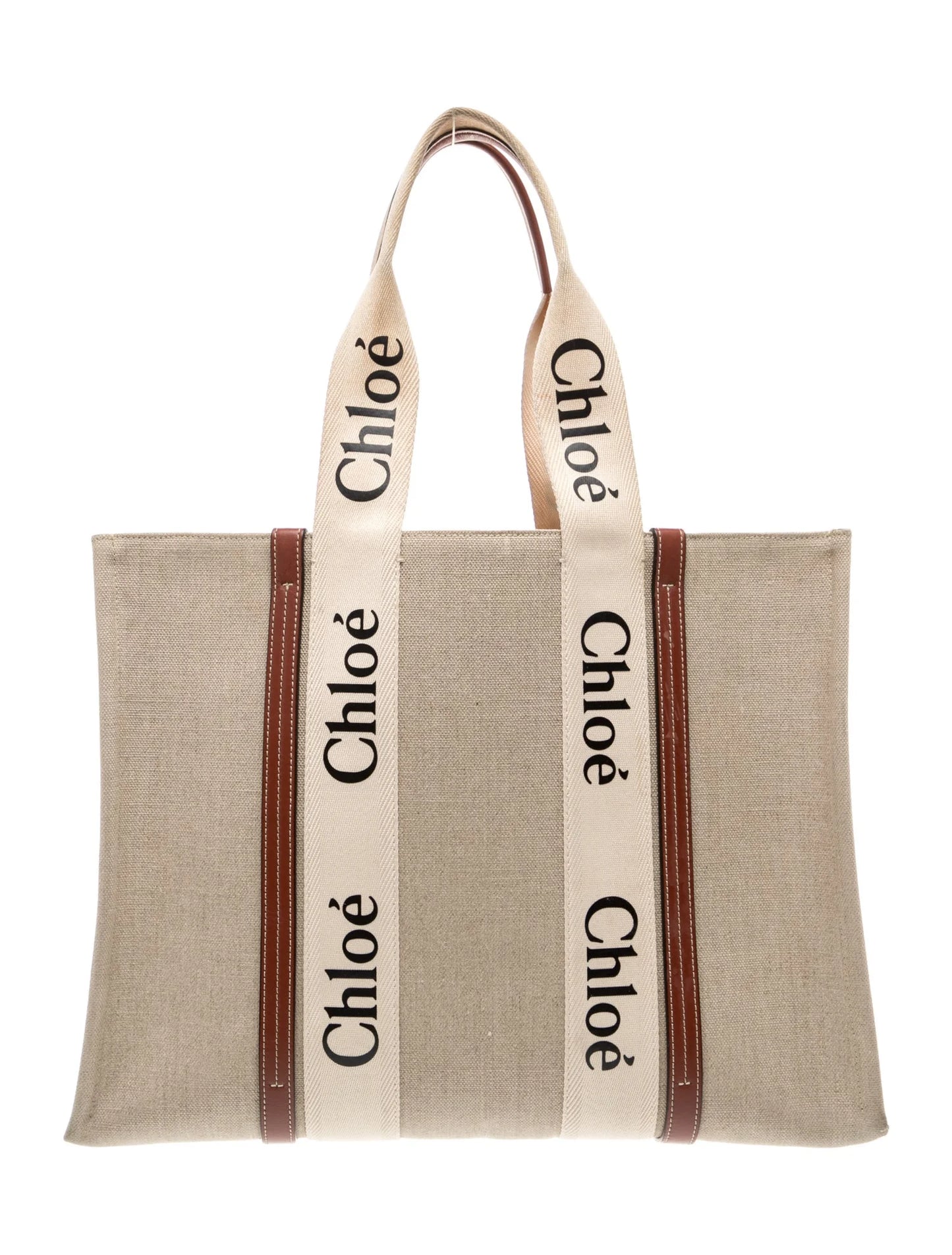$1650 Chloe Cotton Calfskin Large Woody Ribbon Tote White Brown